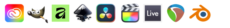 software logos for Adobe Creative Cloud and alternative creative tools including GIMP, Affinity, Inkscape, DaVinci Resolve, Final Cut Pro and Ableton Live